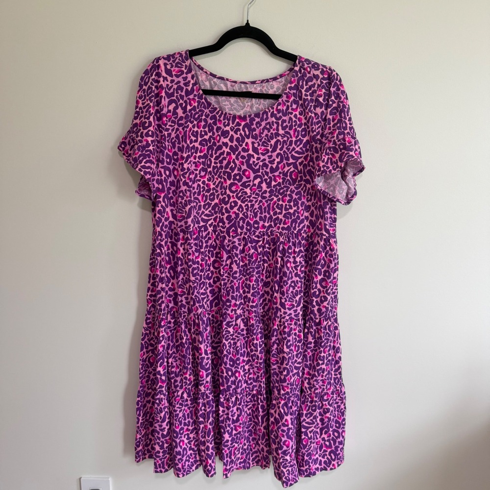 J. Crew Pink Purple Leopard Print Tiered Short Sleeve Dress XL